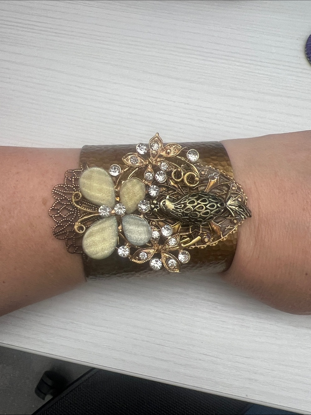 Gold-Tone Floral Crystal Cuff Bracelet with Pale Green Petals